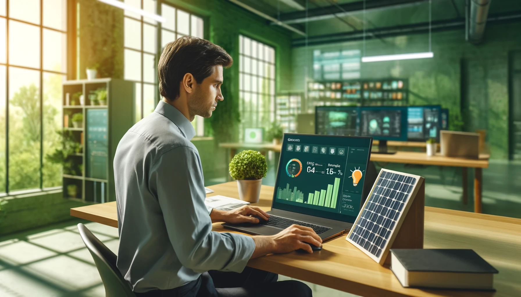 Technician monitoring energy usage on a laptop
