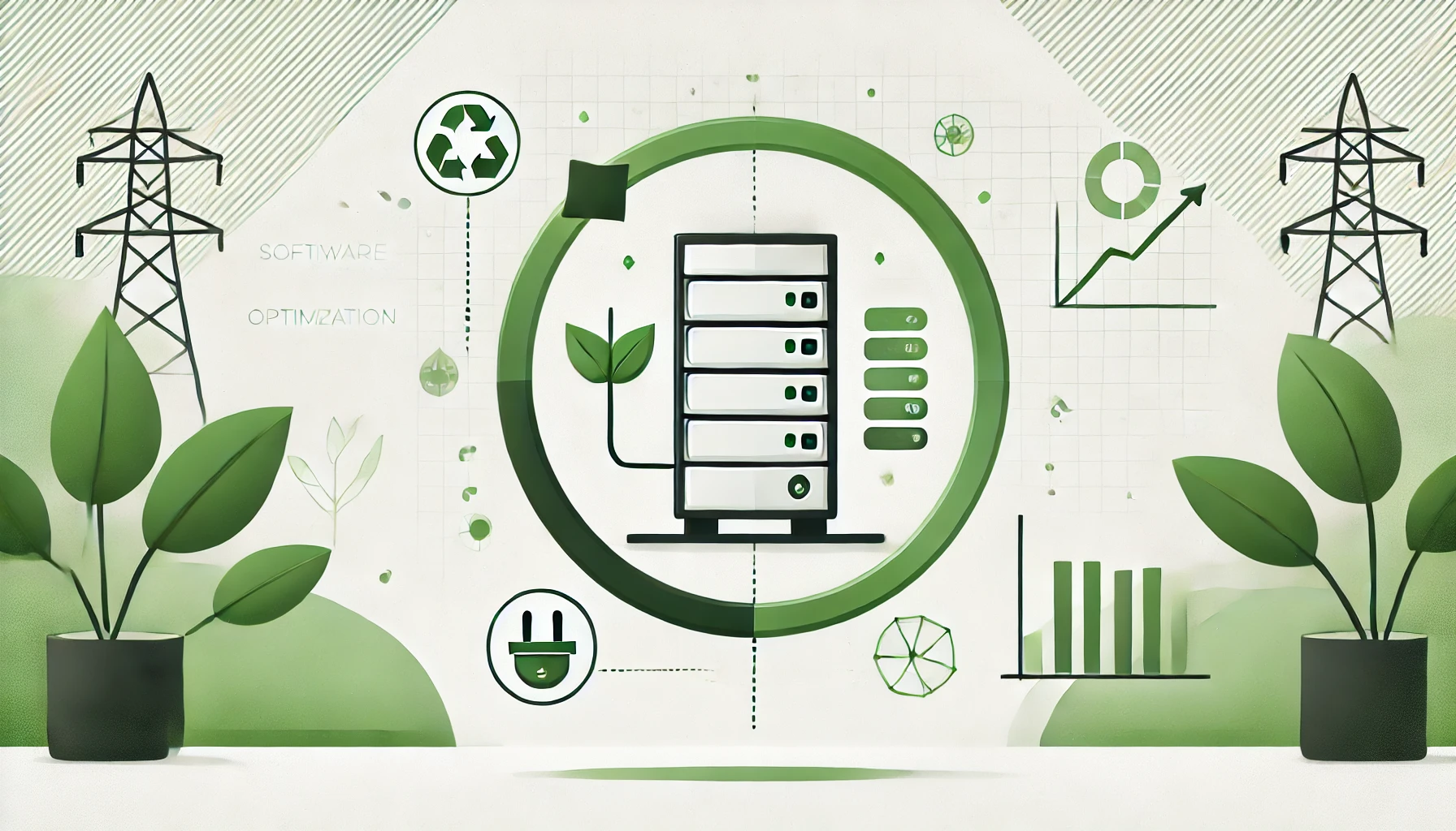 Energy-efficient server illustration with green leaves