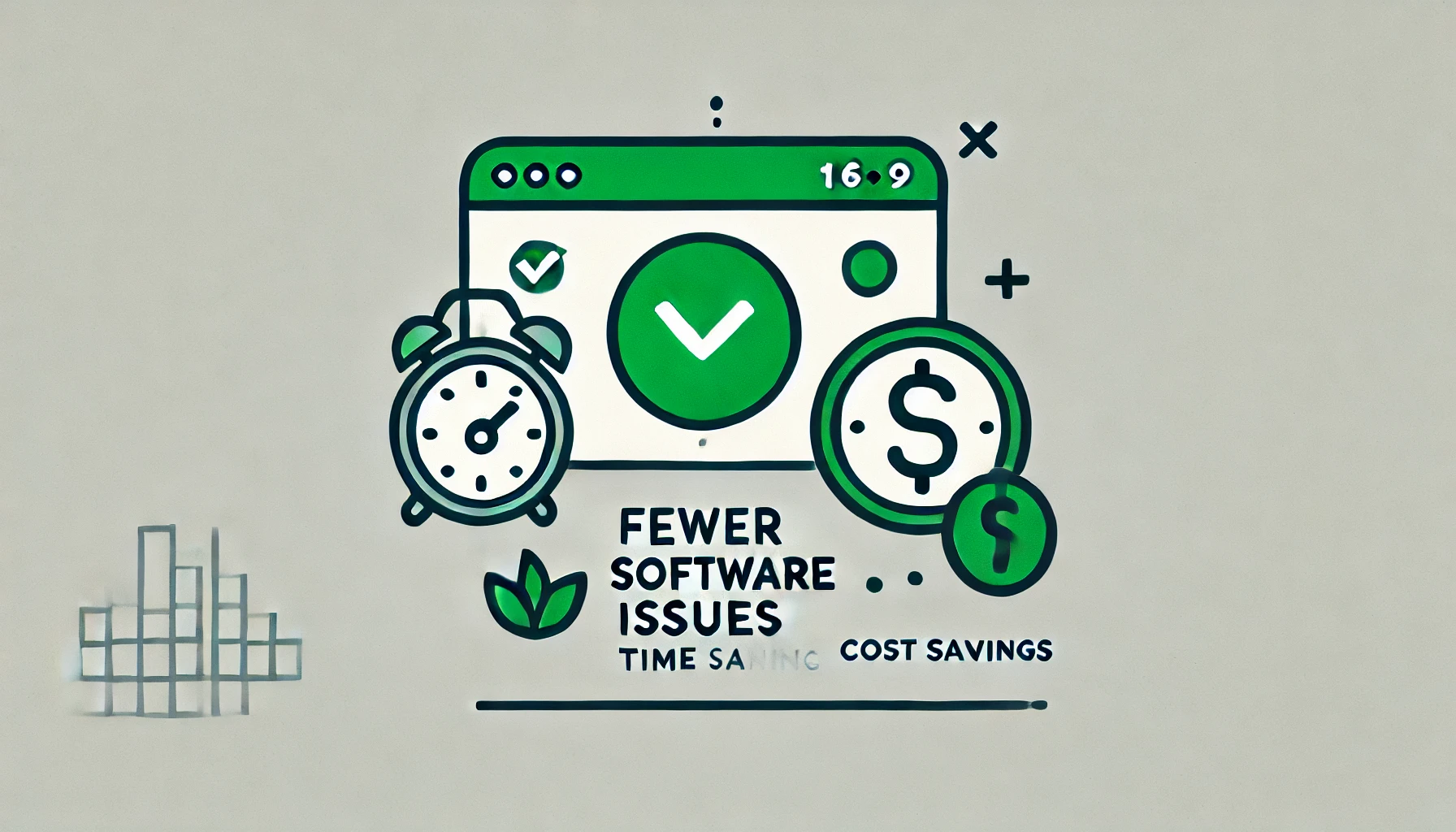 Illustration showing fewer software issues, time savings and cost savings